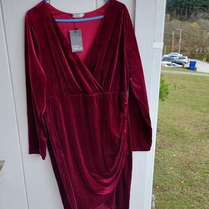 Deep Red Velvet Long Sleeve Dress Maroon Holiday Party Christmas